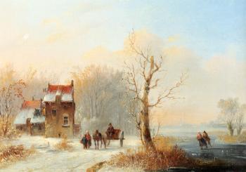 雅各佈斯 範 德 斯托尅 A Winter Landscape With Skaters On A Frozen Waterway And A Horse drawn Cart
